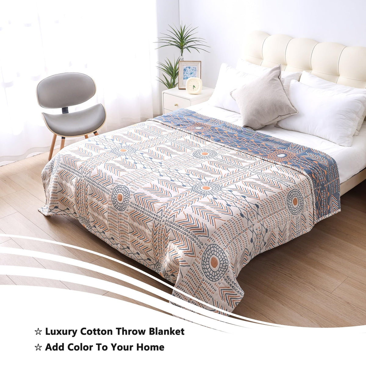 VANJOROY Double-sided Bohemian Sofa Bed Large Throw Blanket, 100% Pure Organic Cotton Soft Boho Throw for 2 3 Seater Settees Armchair Couch and