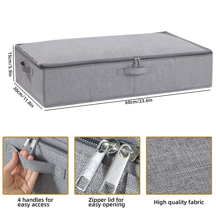 YheenLf Under Bed Storage Box with Lid, Foldable Wardrobe Organiser with Reinforced Handles for Blanket, Sheets, Clothing, Shoes, Grey, 3-Pack,