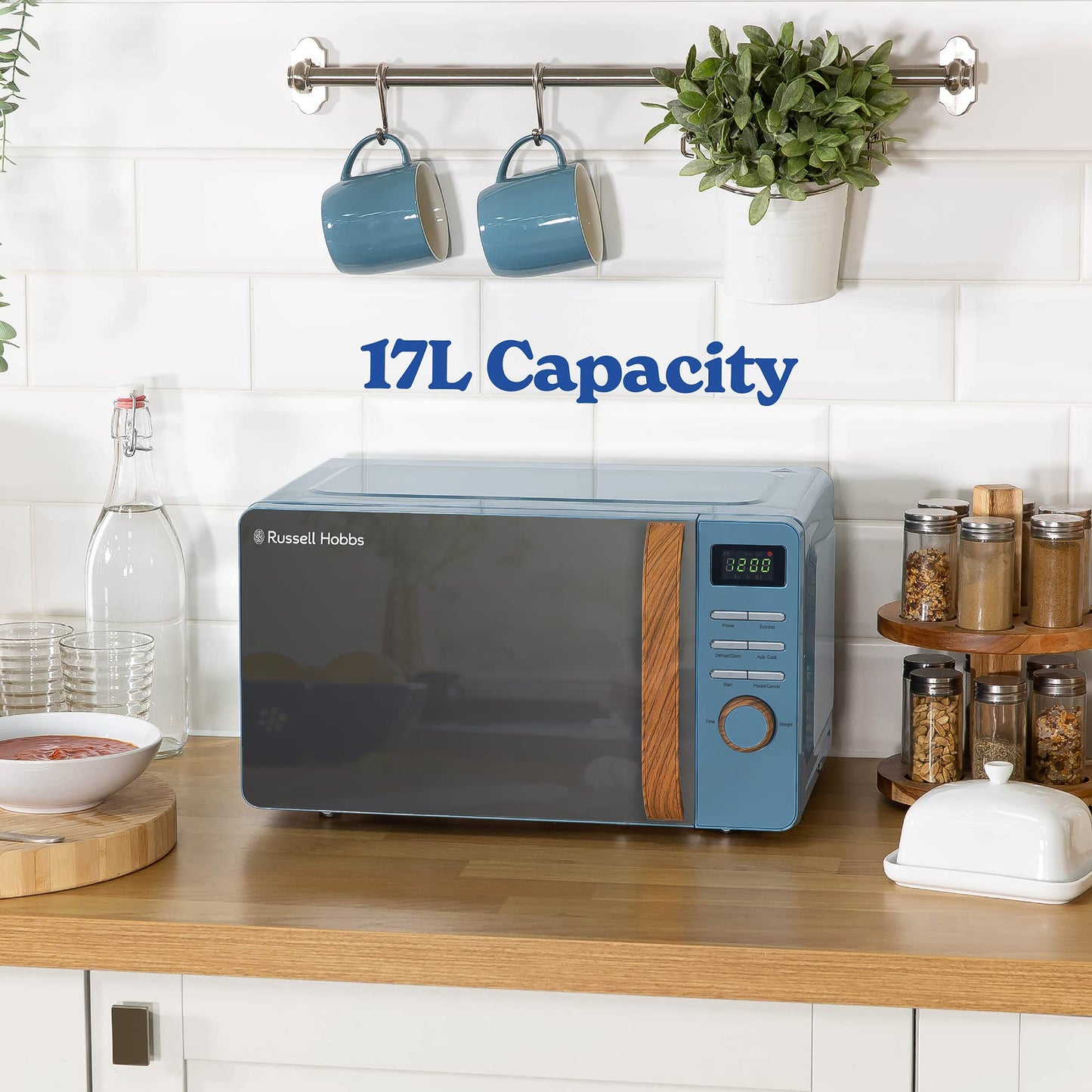 Russell Hobbs RHMD714BL 17 L 700 W Scandi Blue Digital Microwave with 5 Power Levels, Wood Effect Handle & Dials, Clock & Timer, Automatic Defrost,