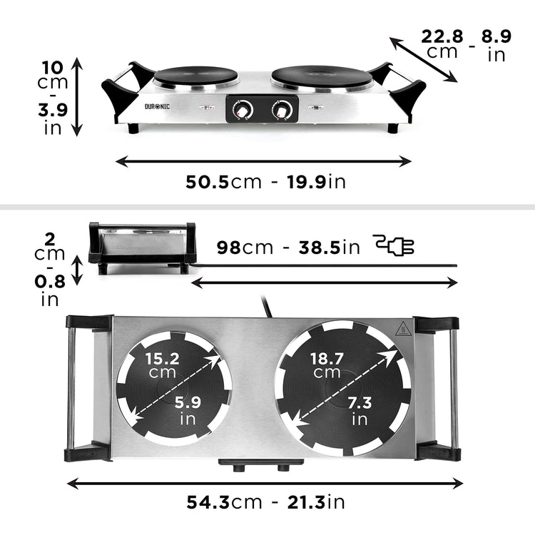 Duronic Hot Plate HP2 SS, Stainless Steel Table Top Cooking, 2500W Black Steel Electric Double Hob with Handles, 2 Cast Iron Portable Hob Burner Rings