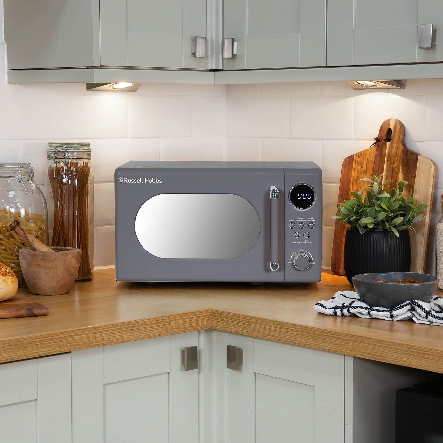 Russell Hobbs RHM2044G Retro 20 Litre Grey Digital Microwave, 800W, Mirror Finish, 8 Auto Cook Settings, 5 Power Levels
