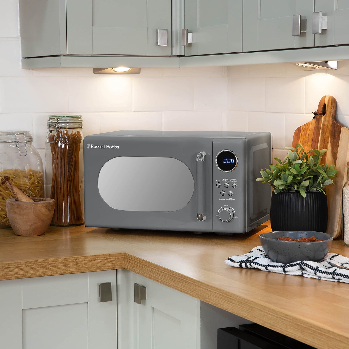 Russell Hobbs RHM2044G Retro 20 Litre Grey Digital Microwave, 800W, Mirror Finish, 8 Auto Cook Settings, 5 Power Levels