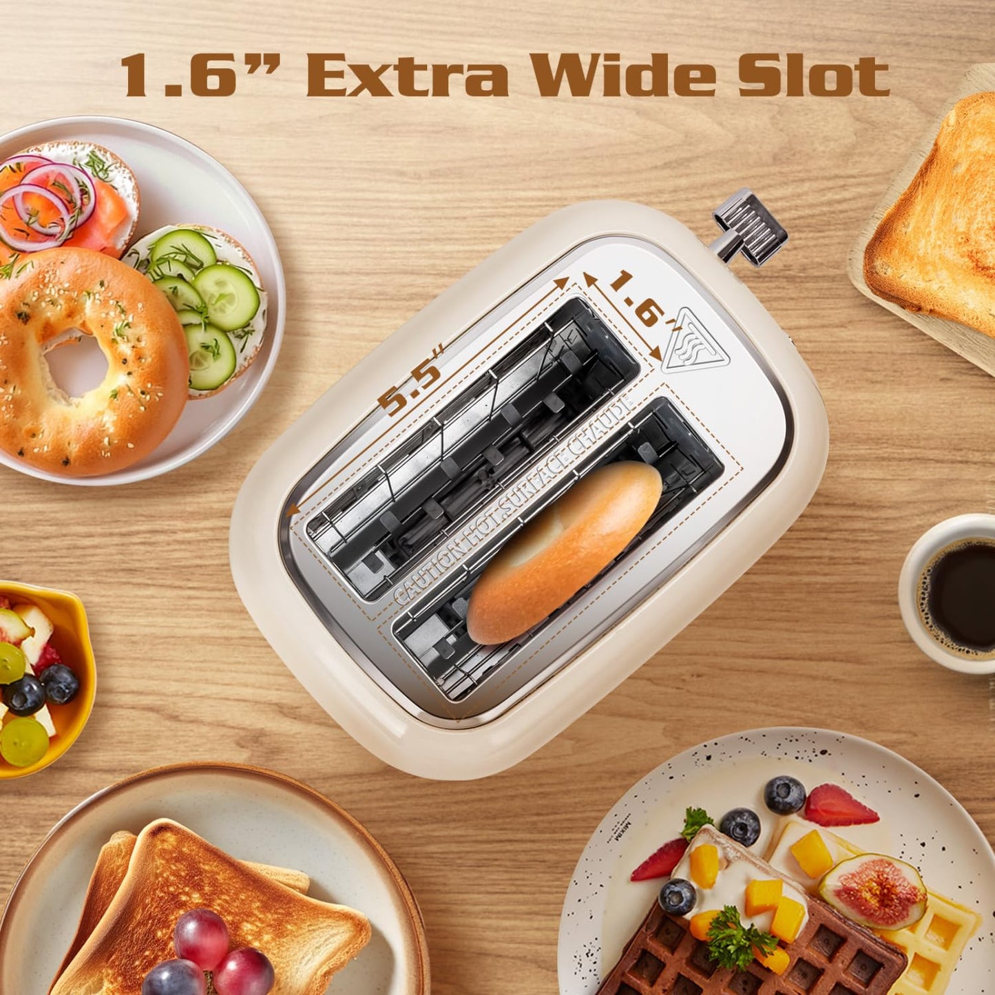 Aigostar Toaster 2 Slice, Retro Wide Slot Stainless Steel Toaster 800W for Toasting Bagels Breads, Defrost Reheat Cancel Functions, 6 Browning