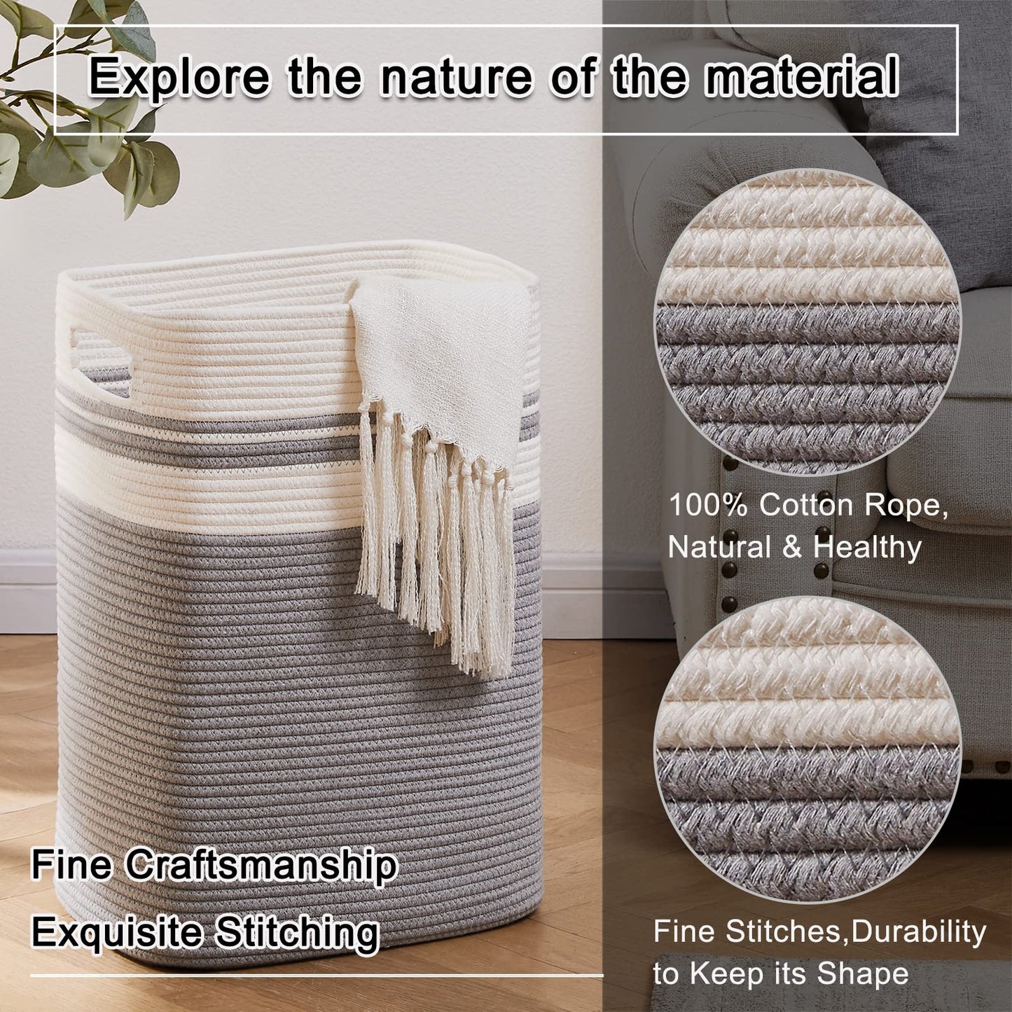 OIAHOMY Laundry Hamper - Tall Cotton Storage Basket With Handles, Decorative for Living Room, Collapsible Large for Toys, Pillows, Clothes -