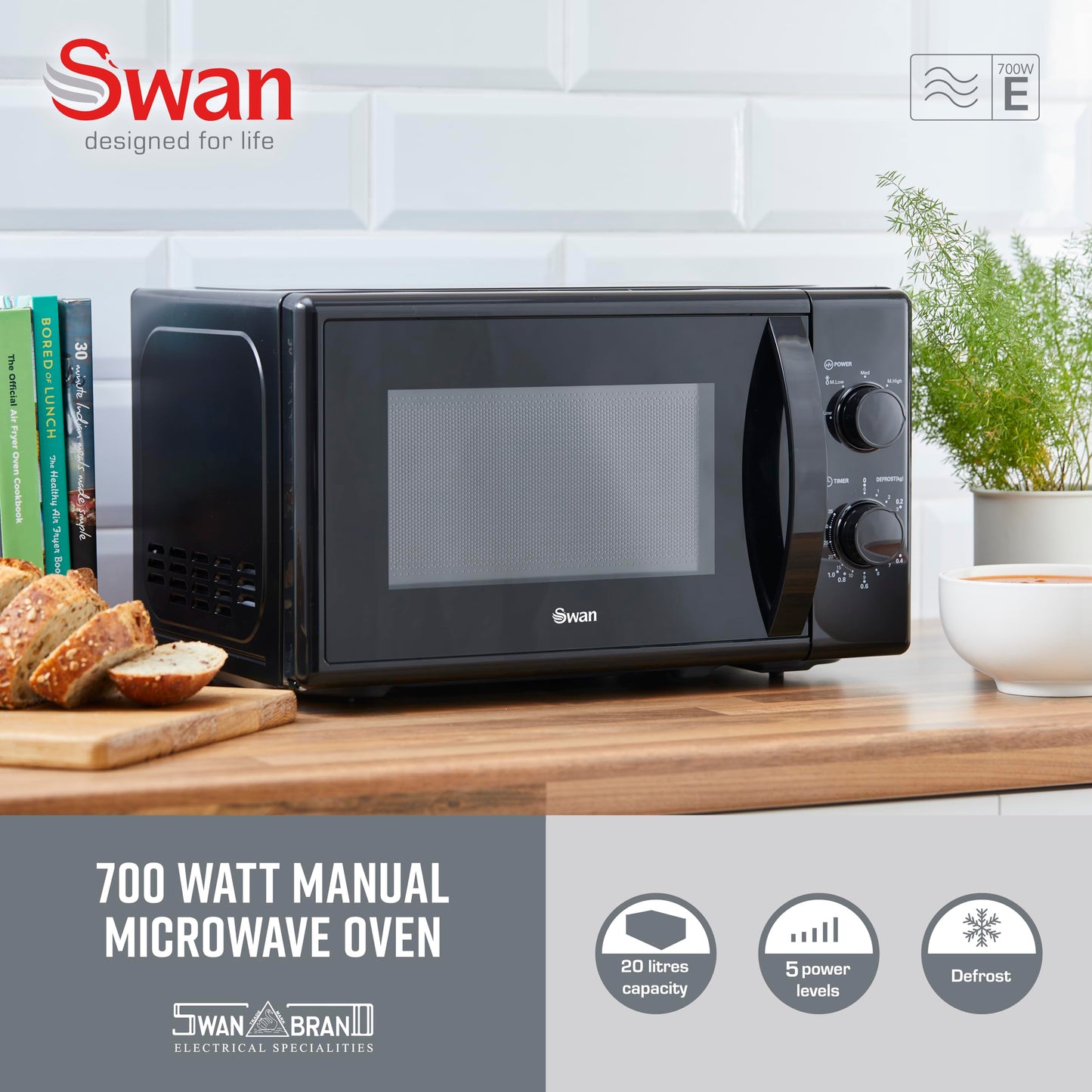 Swan SM4420BLK Manual Microwave with 5 Power Levels, 35 Minute Timer, 700W, 20L, Black
