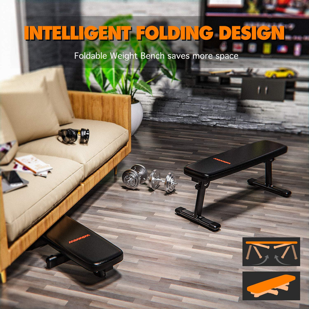WINNOW Weight Bench Folding Workout Bench with Carrying Handle Flat Home Training Multiuse Fitness Bench