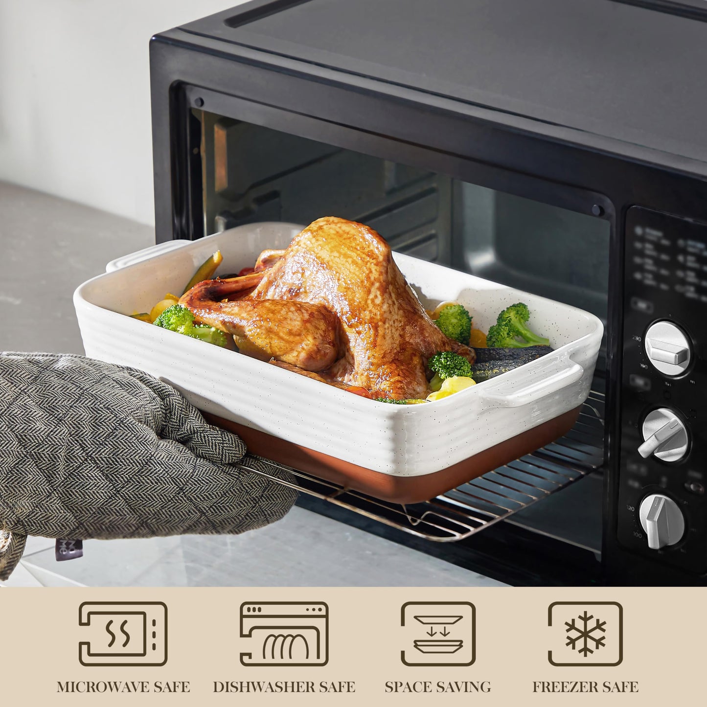 MALACASA 4.5L Ceramic Baking Dish with Handles, 9 x 13 Inches Casserole Dishes, Deep Rectangular Oven Dish, Khaki White Lasagna Pan Bakeware for