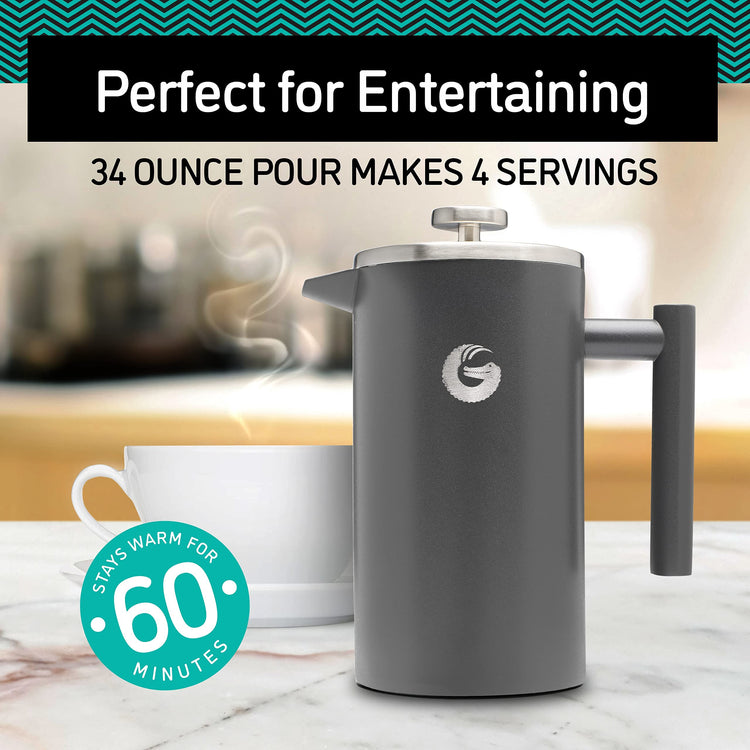 Coffee Gator Cafetiere - 1L French Press Coffee Maker with Jar - Large Capacity Double-Wall Insulated Stainless Steel Brewer - Hotter for
