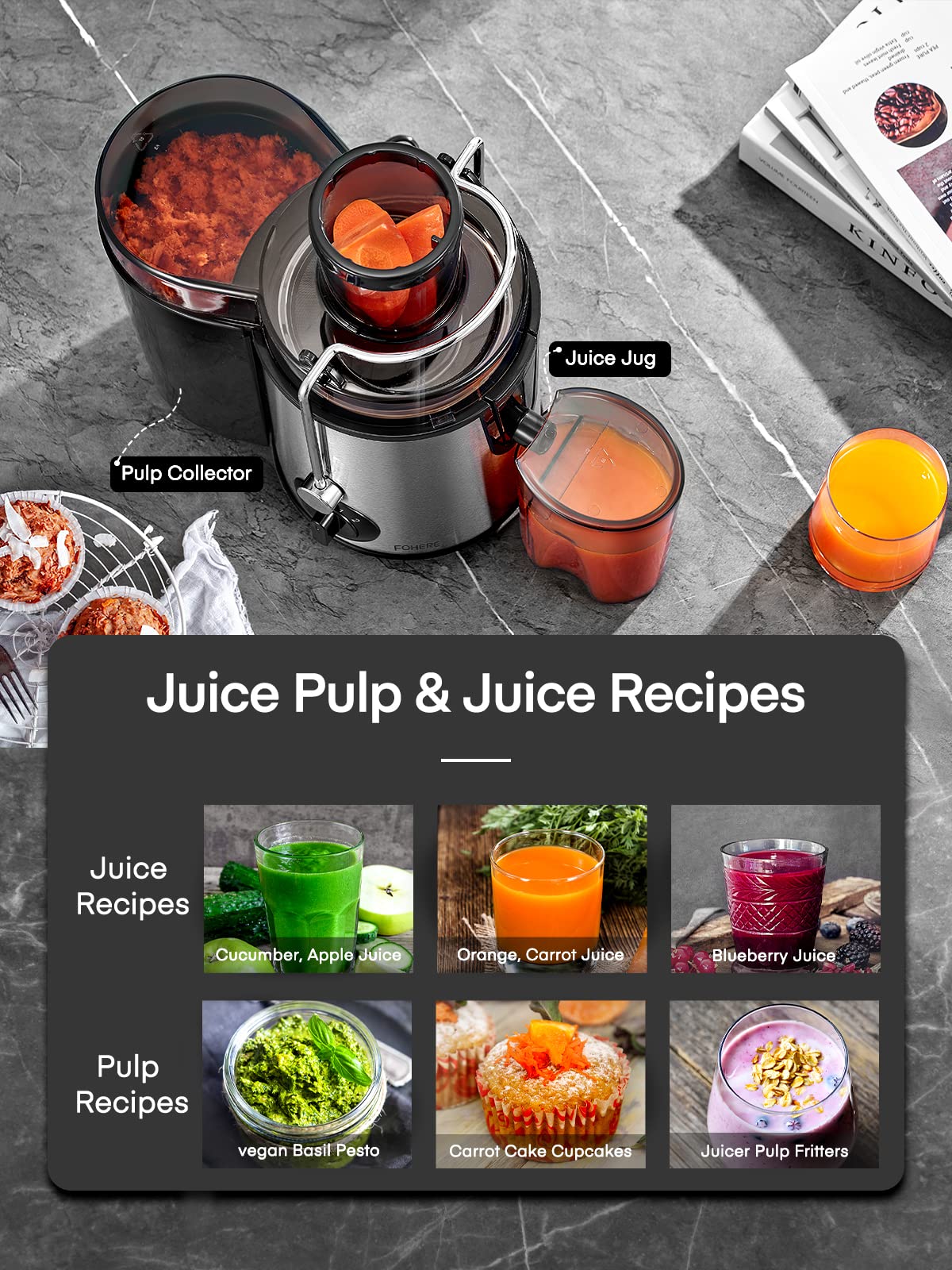 Juicer Machines, FOHERE Centrifugal Juicer Extractor Max Power 800W,Large 3 Feed Chute for Whole Fruit and Vegetables,3 Speed Control, 400w