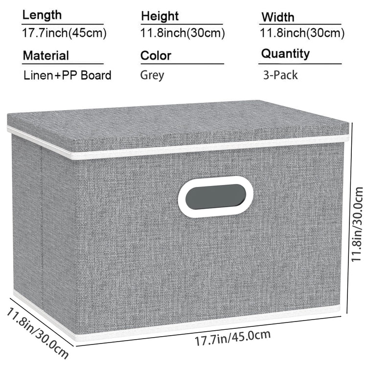 Yawinhe Large Storage Box with Lid 3 Pack, Collapsible Cubes Baskets, for Cupboards, Wardrobe, Shelves, 44x30x30cm, Grey, SNK023GX-3