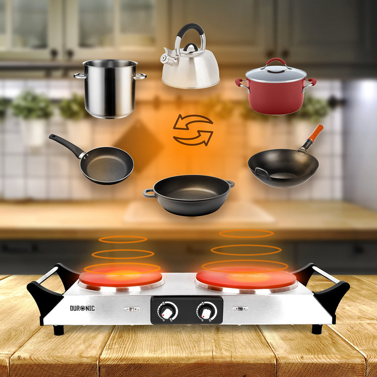 Duronic Hot Plate HP2 SS, Stainless Steel Table Top Cooking, 2500W Black Steel Electric Double Hob with Handles, 2 Cast Iron Portable Hob Burner Rings