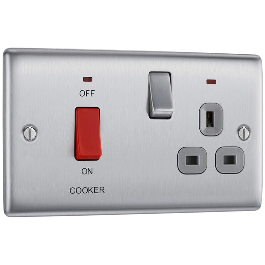 BG Electrical Cooker Switch with Socket and LED, Cooker Control Unit, Control Socket, Double Pole, Raised Profile, Round Edges, Nexus Metal, Brushed