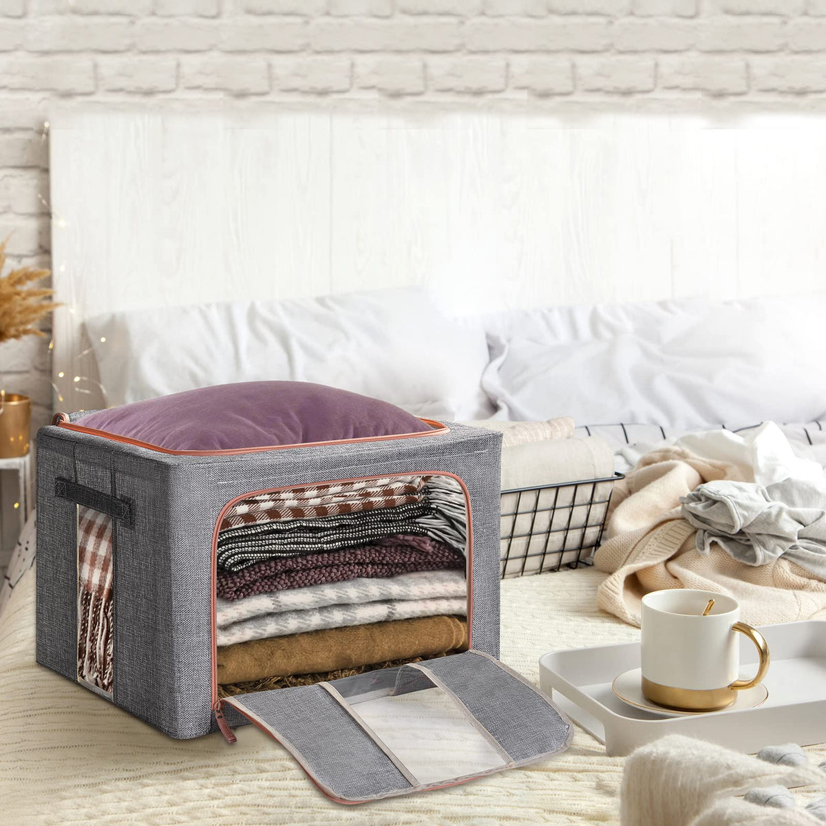 Steel Frame Storage Box, 66L Clothes Storage Bag with Double Opening Zipper,Thick Cotton Linen Protect from Moisture Dust,Perfect for Clothing Toys