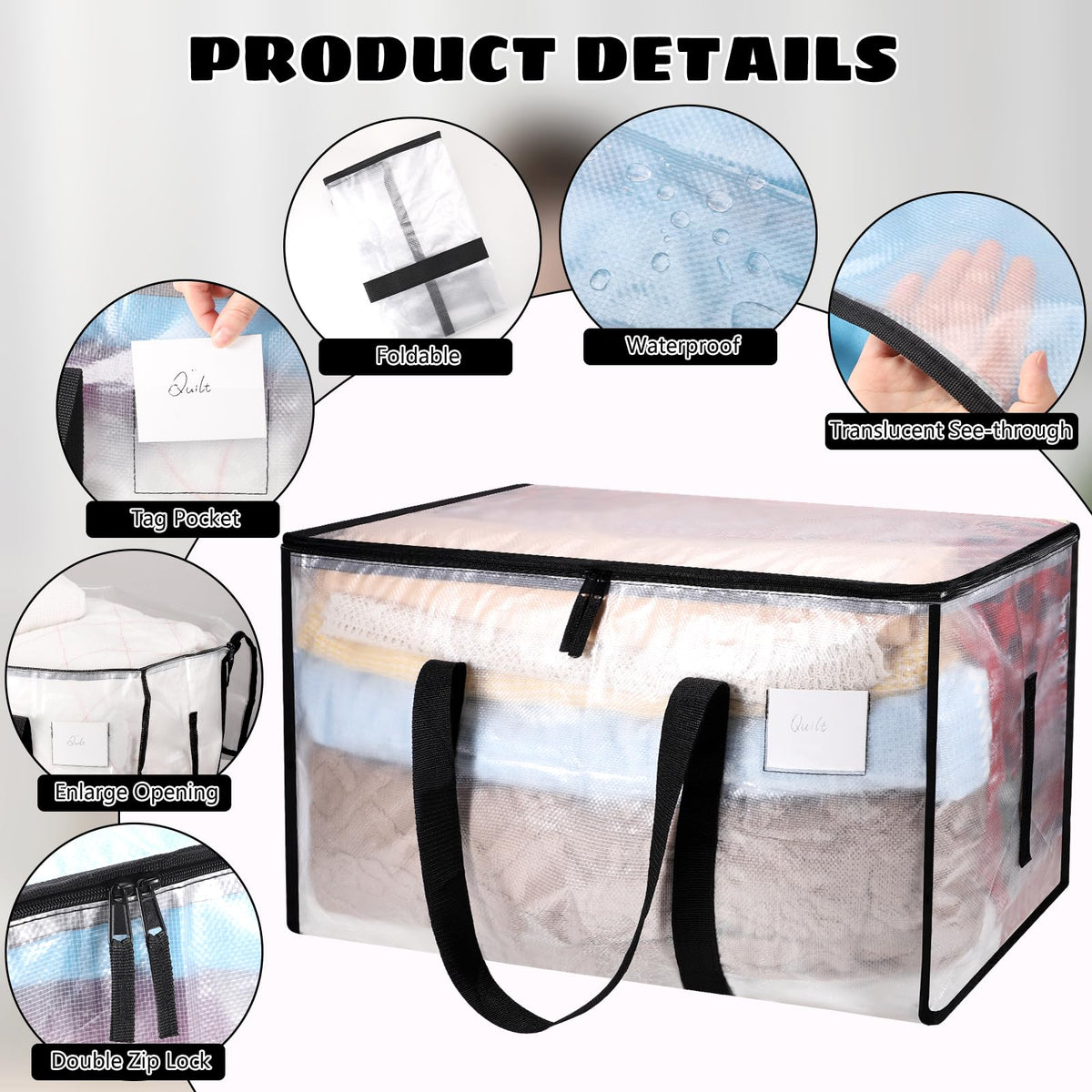 Dntorx 6 Pack Large Clothes Storage Bags with Lids Transparent Moving Bags Heavy Duty Moving Totes for Clothes Bedding Duvet Toys Storage