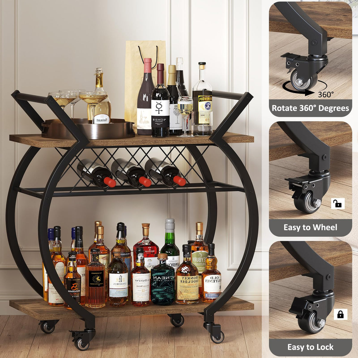LVB Drinks Trolley, Bar Cart for Kitchen, Beverage Serving Liquor Cart with Wheels, Wood and Metal Rolling Wine Cart with Storage Shelf