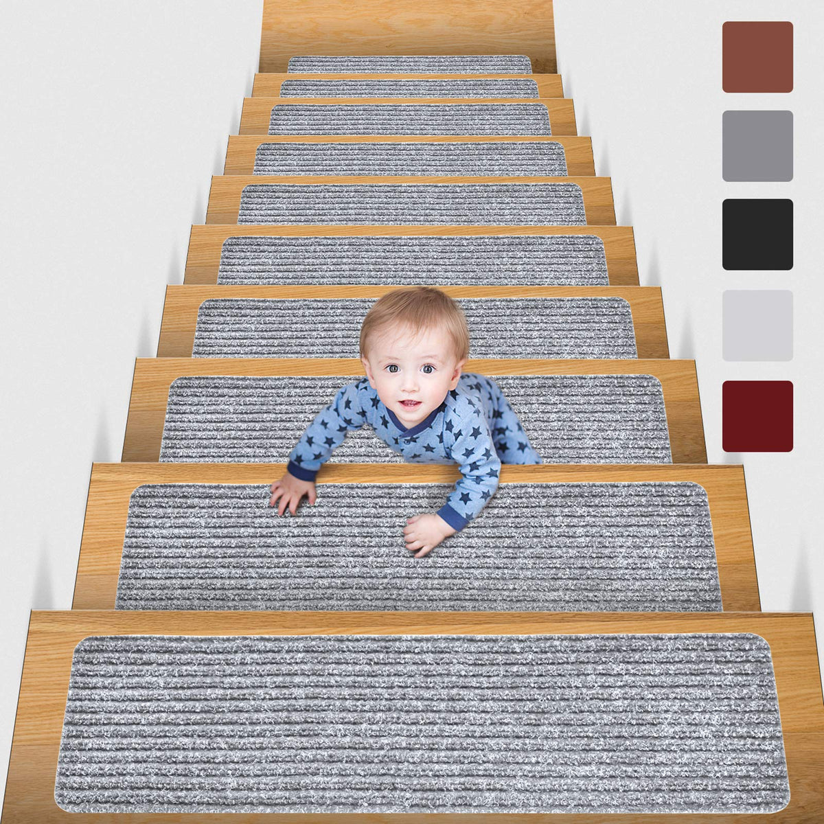 MBIGM 8" X 30" (15-Pack) Non-Slip Carpet Stair Treads Non-Skid Safety Rug Slip Resistant Indoor Runner for Kids Elders and Pets with Reusable