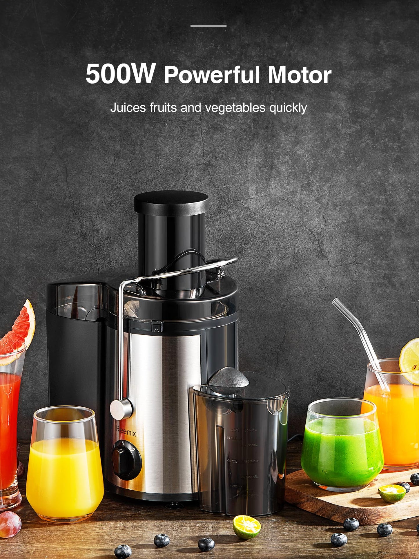 Juicer, Reemix Centrifugal Juicer Machines Whole Fruit and Vegetable, 3-inch Wide Mouth Juicer Extractor with 2 Speeds, Brush Included Easy to Clean