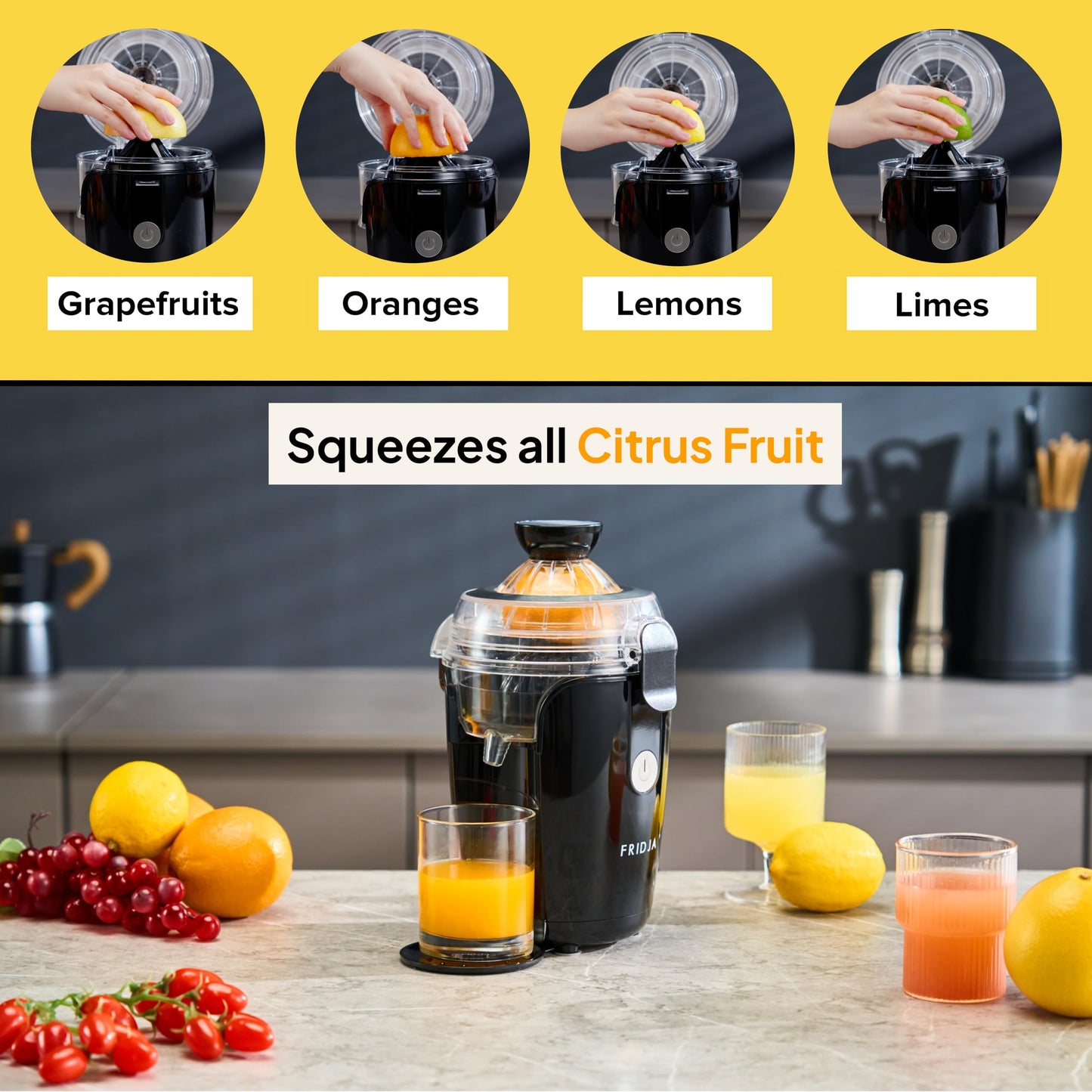 Fridja F800 Automatic Citrus Juicer - One-Touch Operation, No Spills or Splashes, Easy to Clean, Stainless Steel, Black, Ideal for Oranges, Lemons,