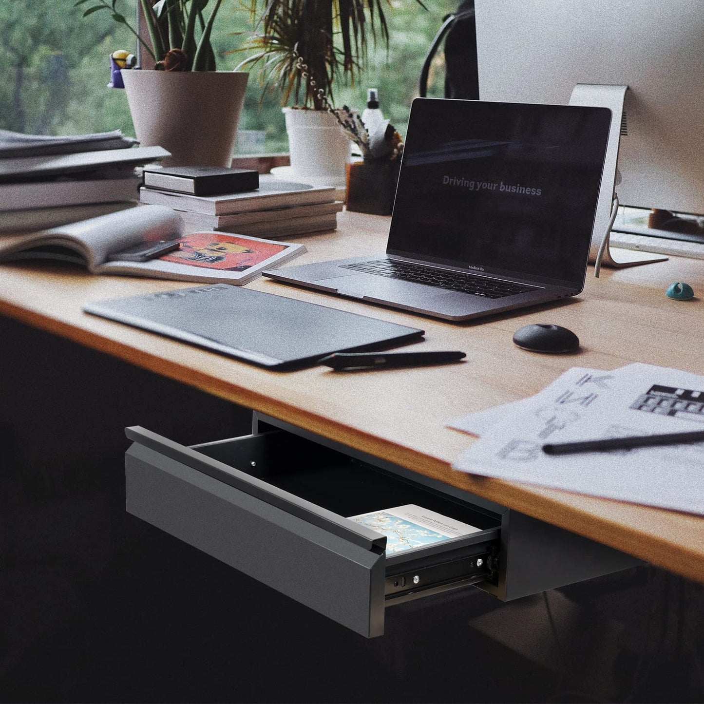 OSteed Large Under Desk Drawer Metal Black, Pull-out Storage Organizer, Under Shelf Storage Drawer, Desk Extender with Tall Brackets Mount Under Table