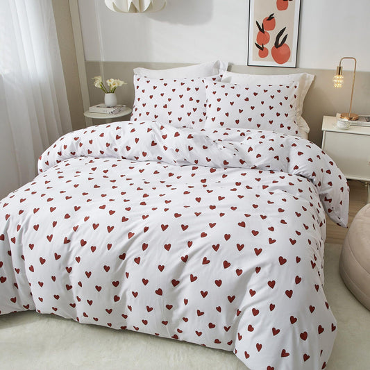 Ruccit Red Heart Duvet Cover Set Double 100% Cotton White Duvet Cover Lovely Heart Pattern 3pcs Modern Bedding Set with Zipper Closure Corner