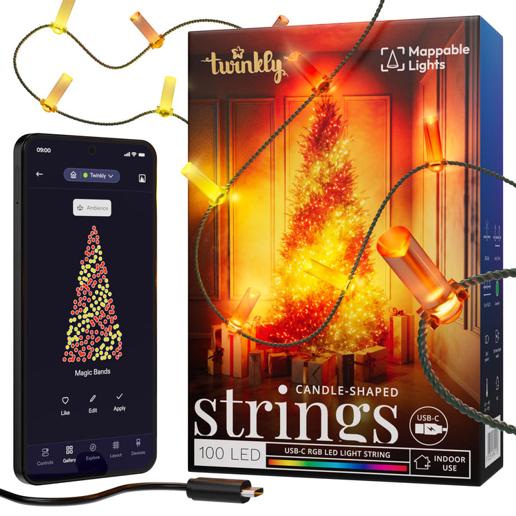 Twinkly Strings USB-C Candle 100 LED, Candle Shape LED Light String, Christmas Lights, RGB Multicolor LED Lights, Mappable LEDs, Compatible with