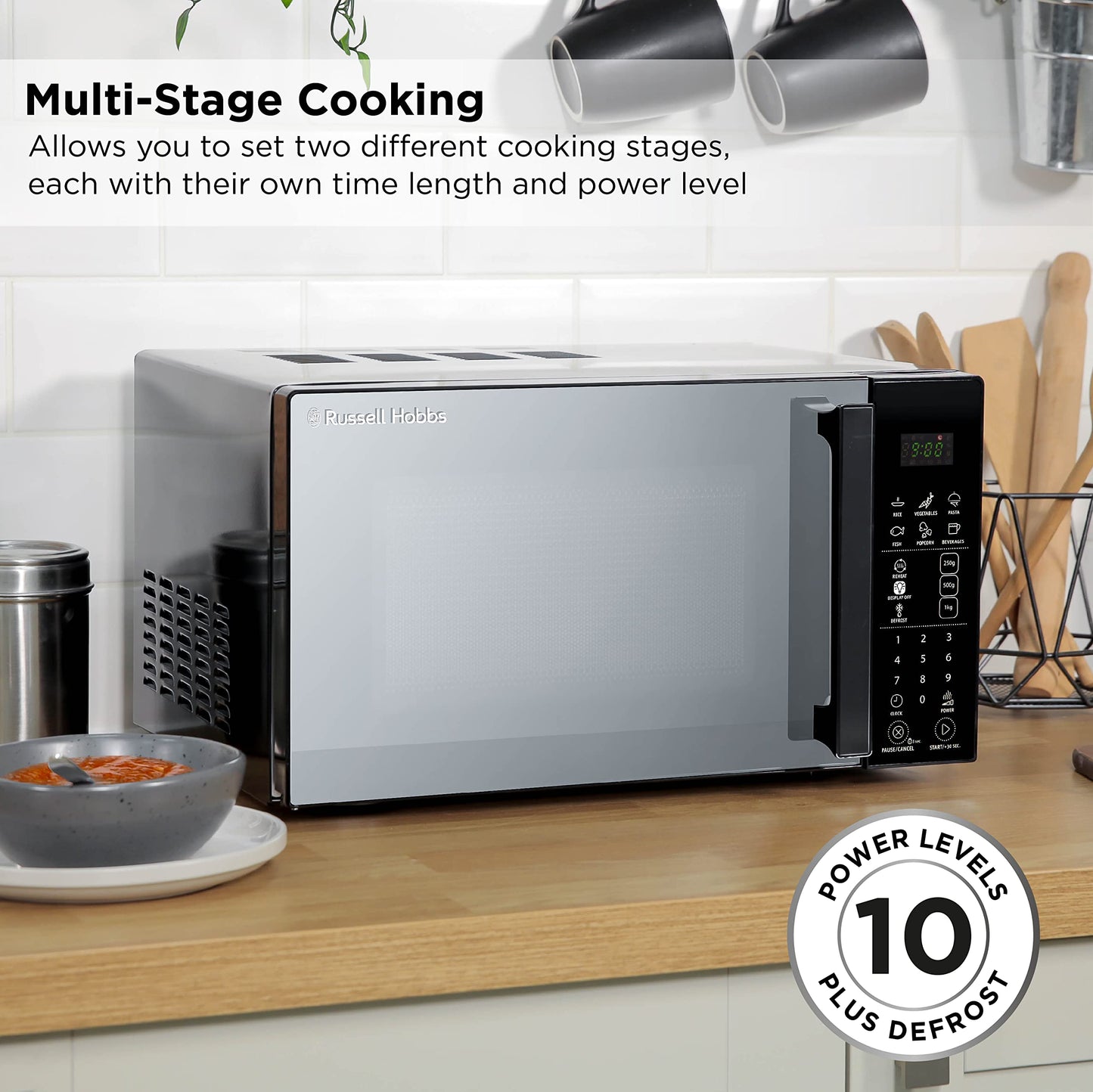 Russell Hobbs RHMT2004B 20 L 800 W Touch Control Digital Solo Microwave in Black with 10 Power Levels, 6 Auto Cook Menus, Defrost Control, Clock and