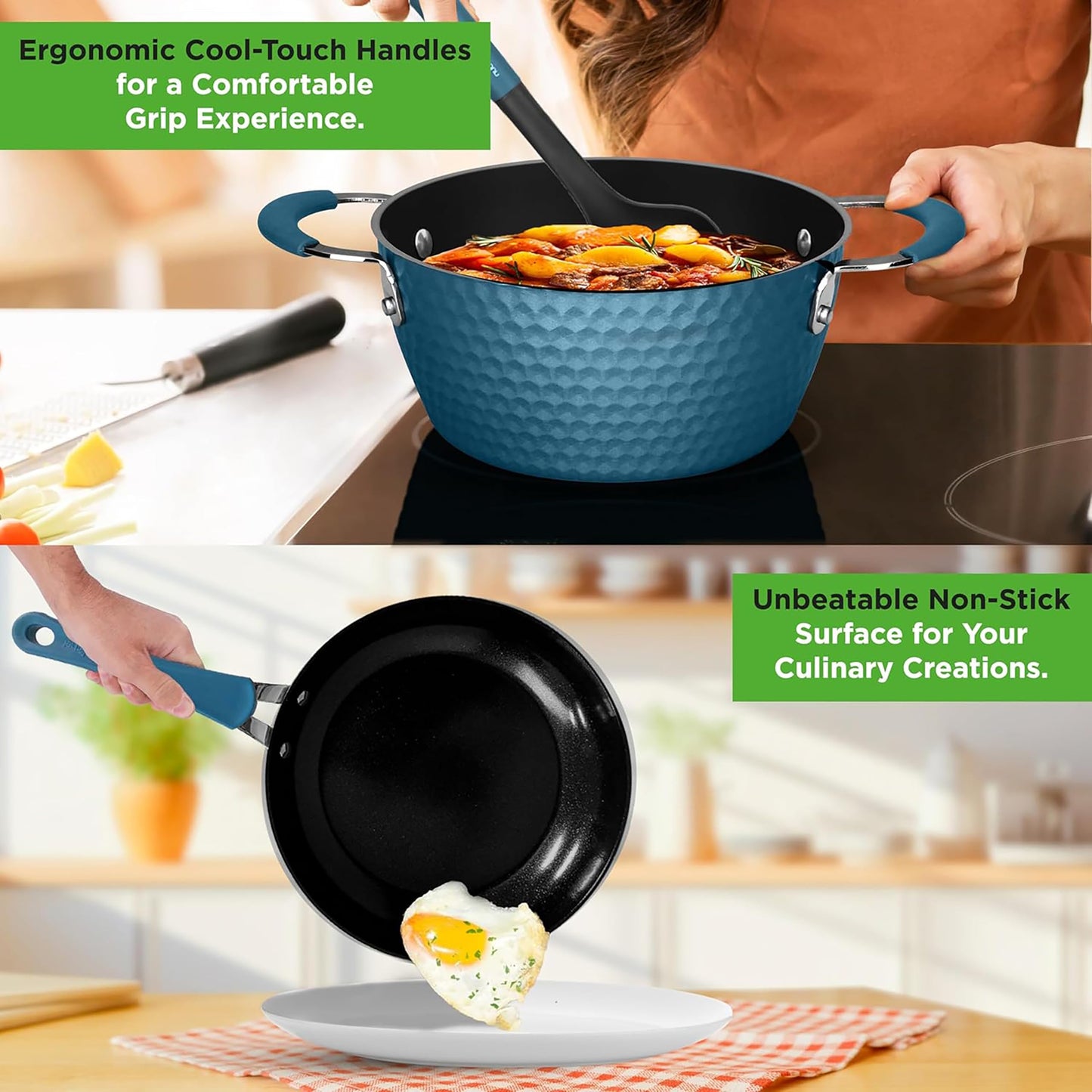 NutriChef 11 Pc Pots and Pans Set Non Stick Cookware with Ceramic Coating, Ergonomic Handles, Induction Ready, Includes Saucepan, Dutch Oven, Large &