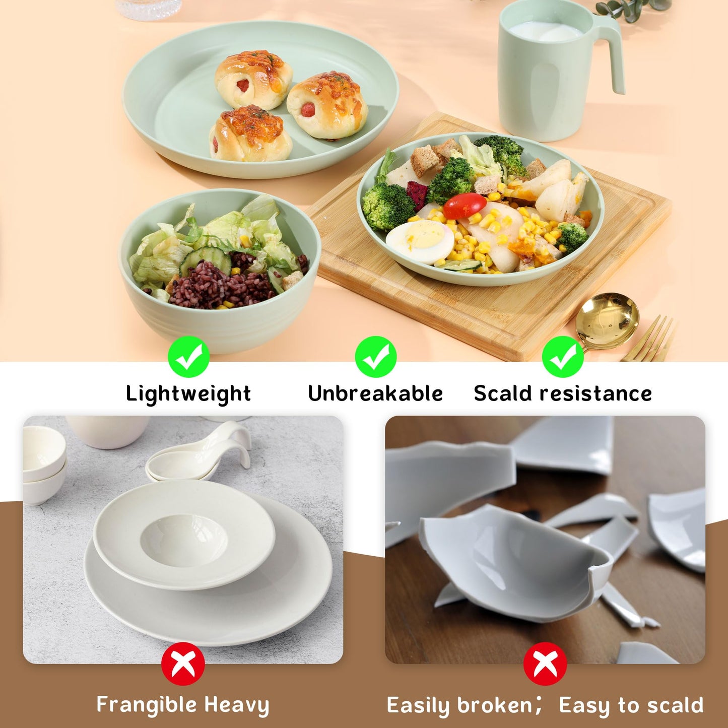 36pcs Unbreakable Dinnerware Sets for 6 People, Camping Plates and Bowls Set, Plastic Picnic Dinner Sets, Lightweight BBQ Serving Plates, Bowls, Cups,