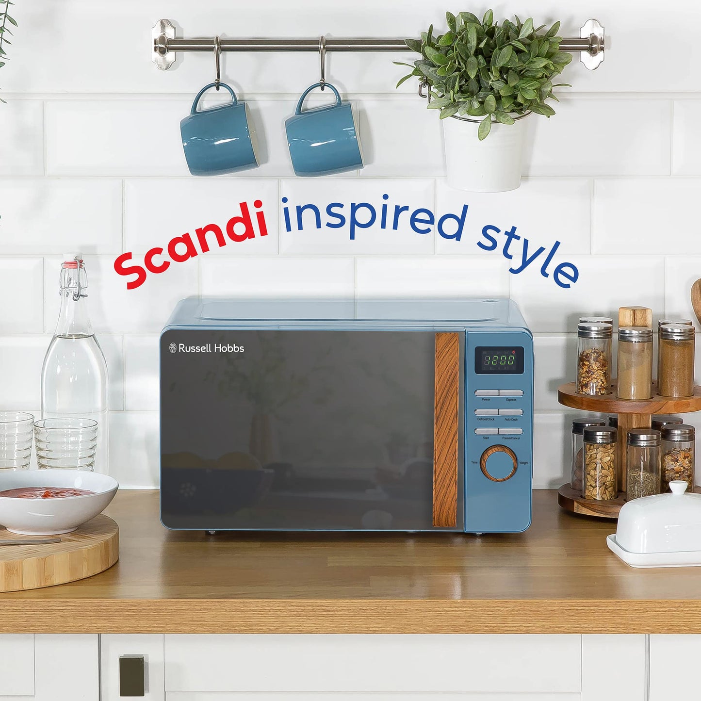 Russell Hobbs RHMD714BL 17 L 700 W Scandi Blue Digital Microwave with 5 Power Levels, Wood Effect Handle & Dials, Clock & Timer, Automatic Defrost,