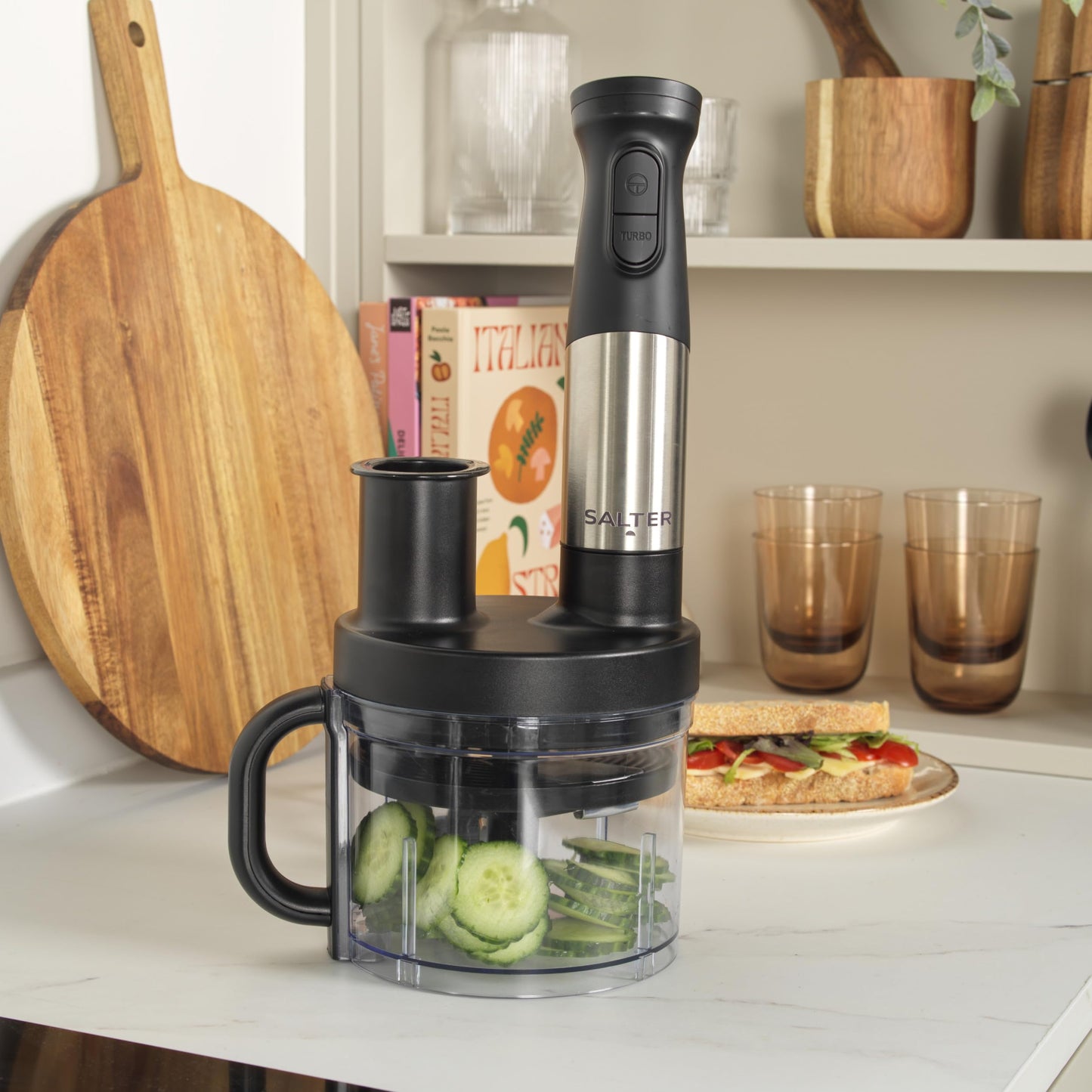 Salter EK5877 5 in 1 Blend & Prep  Compact Food Chopper with 1.2L BPA-Free Bowl, Immersion Stick Blender with 2 Speed Settings, Chop, Slice, Shred,