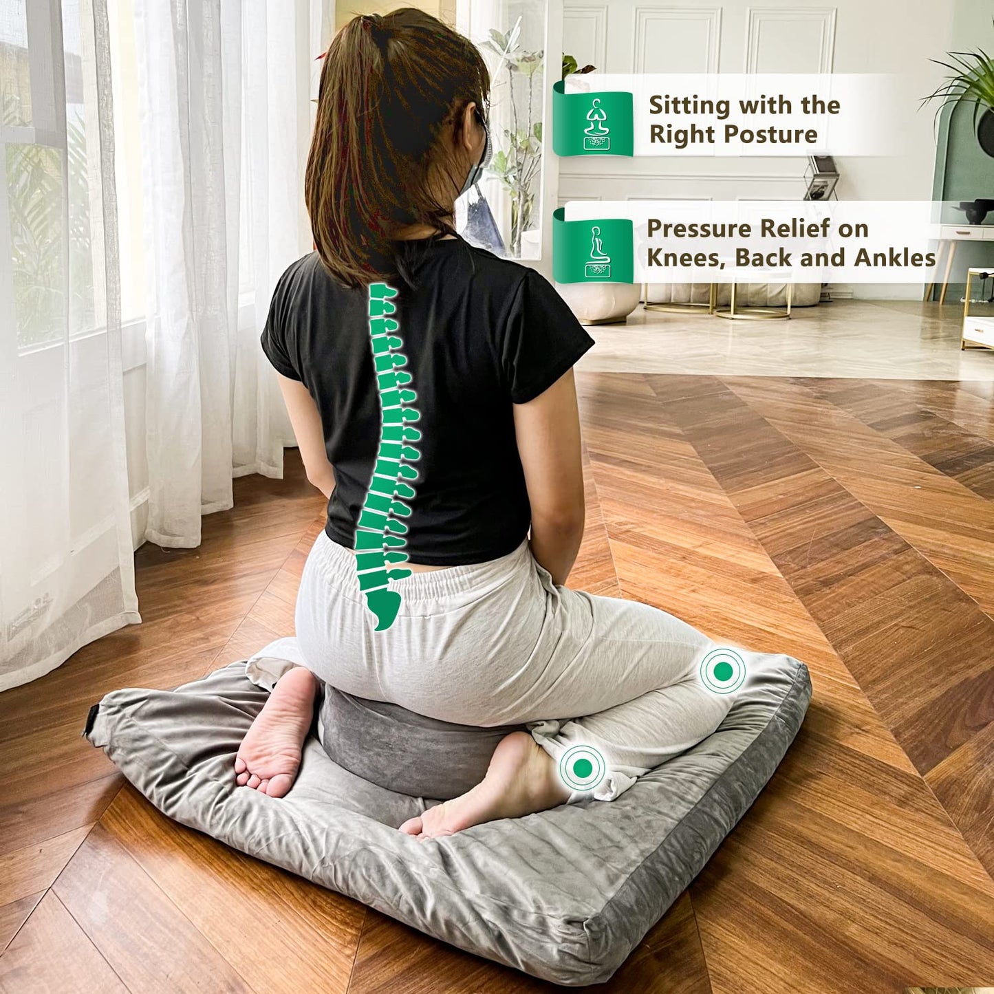 Hihealer Large Meditation Cushion and Zabuton Mat Set Meditation Pillow and Zafu Mat for Men and Women (Grey)