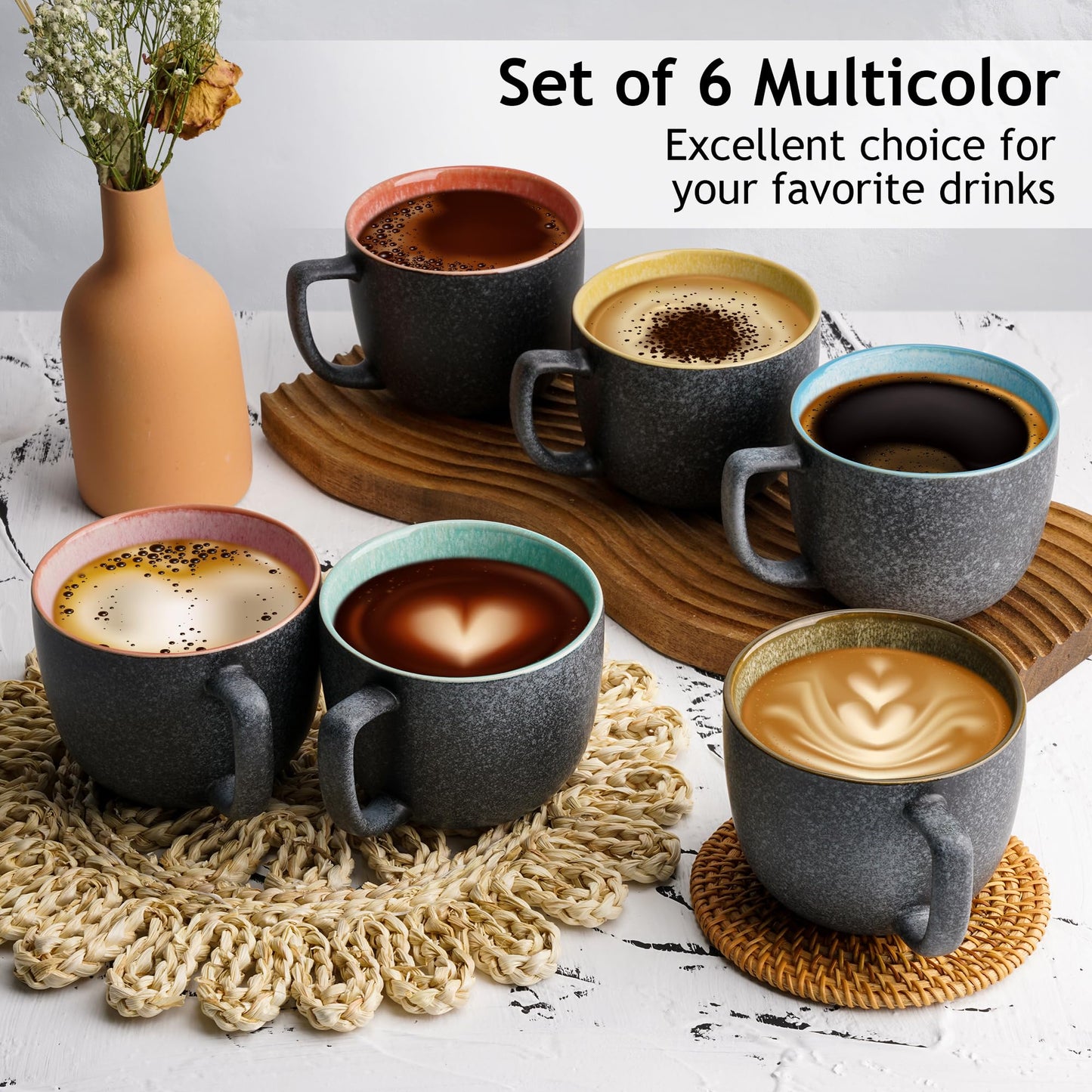 MIAMIO - 6 x 470 ml Coffee Cups/Mug Set/Coffee Cup Large/Modern Stoneware Coffee Mugs - Las Palmitas Collection