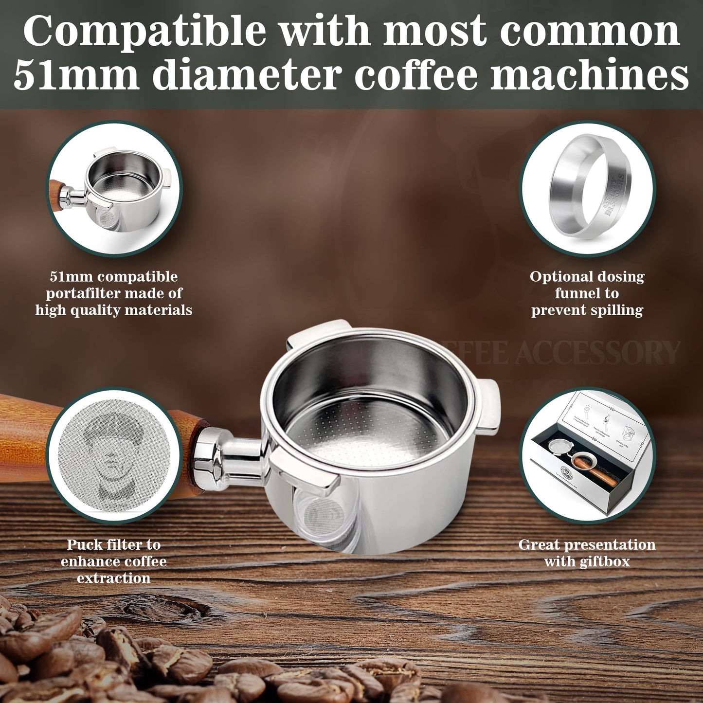 Gritty Blenders 51mm Bottomless Portafilter with Compatible Puck Screen and Basket | Compatible with De'Longhi Dedica EC680-685, and Smeg ECF Models