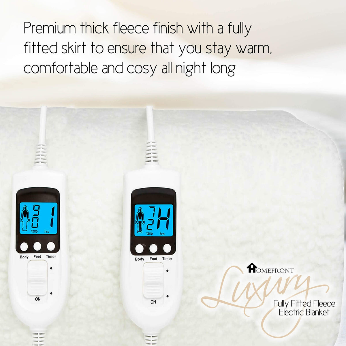 Homefront Electric Blanket Double Size Dual Control Premium Fleece Fully Fitted Heated Mattress Cover, Dual Control