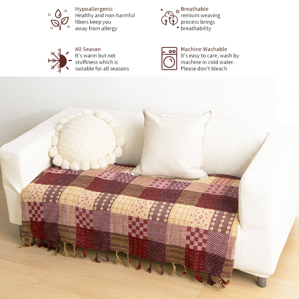 VANJOROY Bohemian Large Patchwork Sofa Bed Throw Blanket with Tassels For 2 3 Seater, 100% Chenille Soft Multi-function Throw for Couch,
