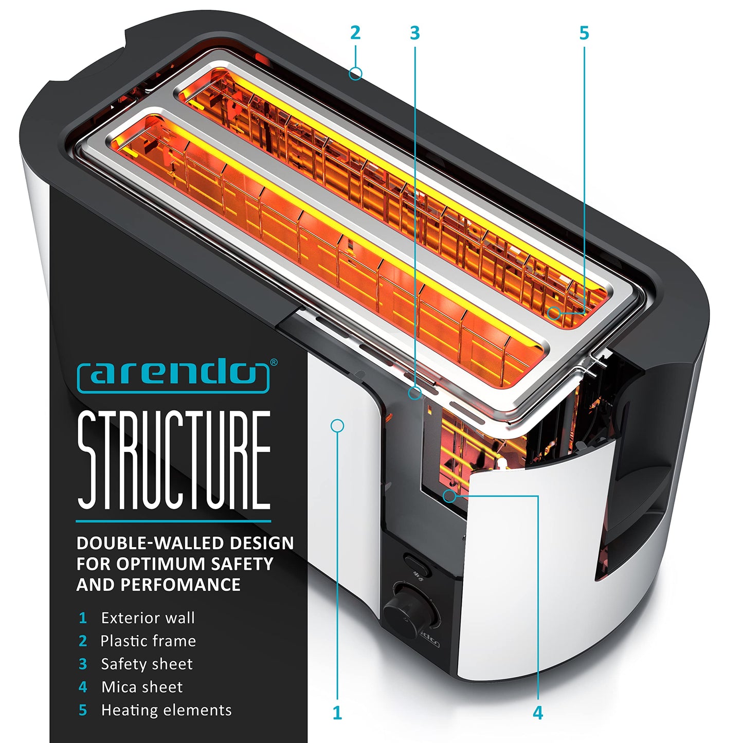 arendo - Frukost 4 slice long slot toaster - double wall housing  with warming rack  6 browning settings  auto bread centring  reheat defrost