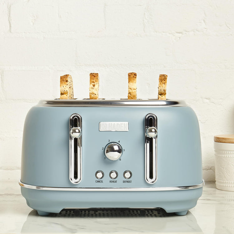 Haden Highclere Blue Toaster 4 Slice - Adjustable Browning Control - Removable Crumb Trays - Easy To Clean 4 Slice Toaster - Cord Storage - Stainless