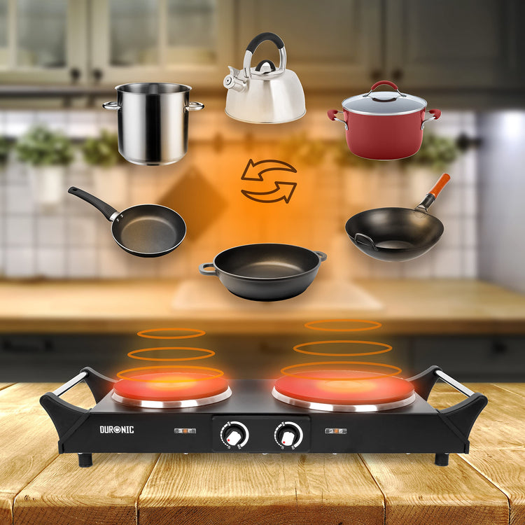 Duronic Hot Plate HP2 BK, Table Top Cooking, 2500W Black Steel Electric Double Hob with Handles, 2 Cast Iron Portable Hob Burner Rings (1500W & 1000W)