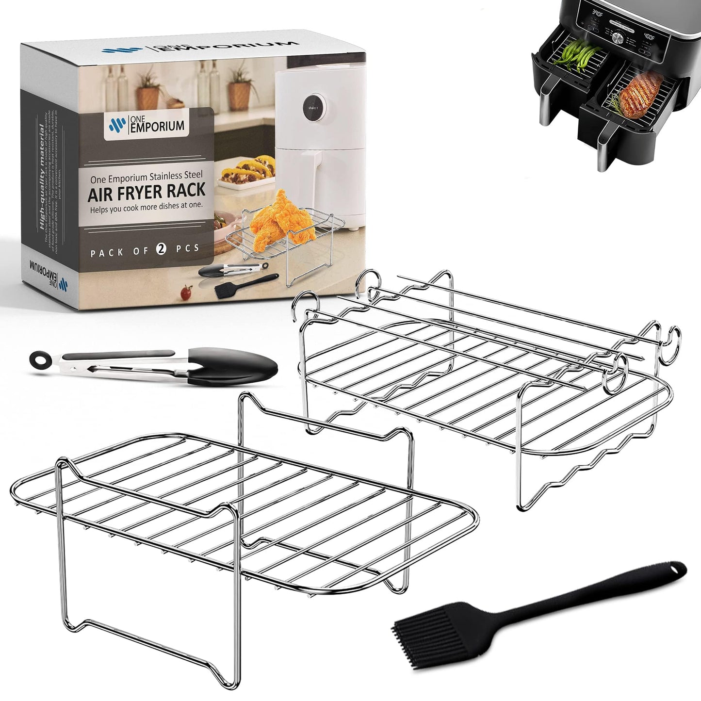 ONE Emporium Ninja Air Fryer Rack Set - 2-Piece Stainless Steel Airfryer Accessories with Oil Brush & Pliers, Compatible with Dual Basket Air Fryers