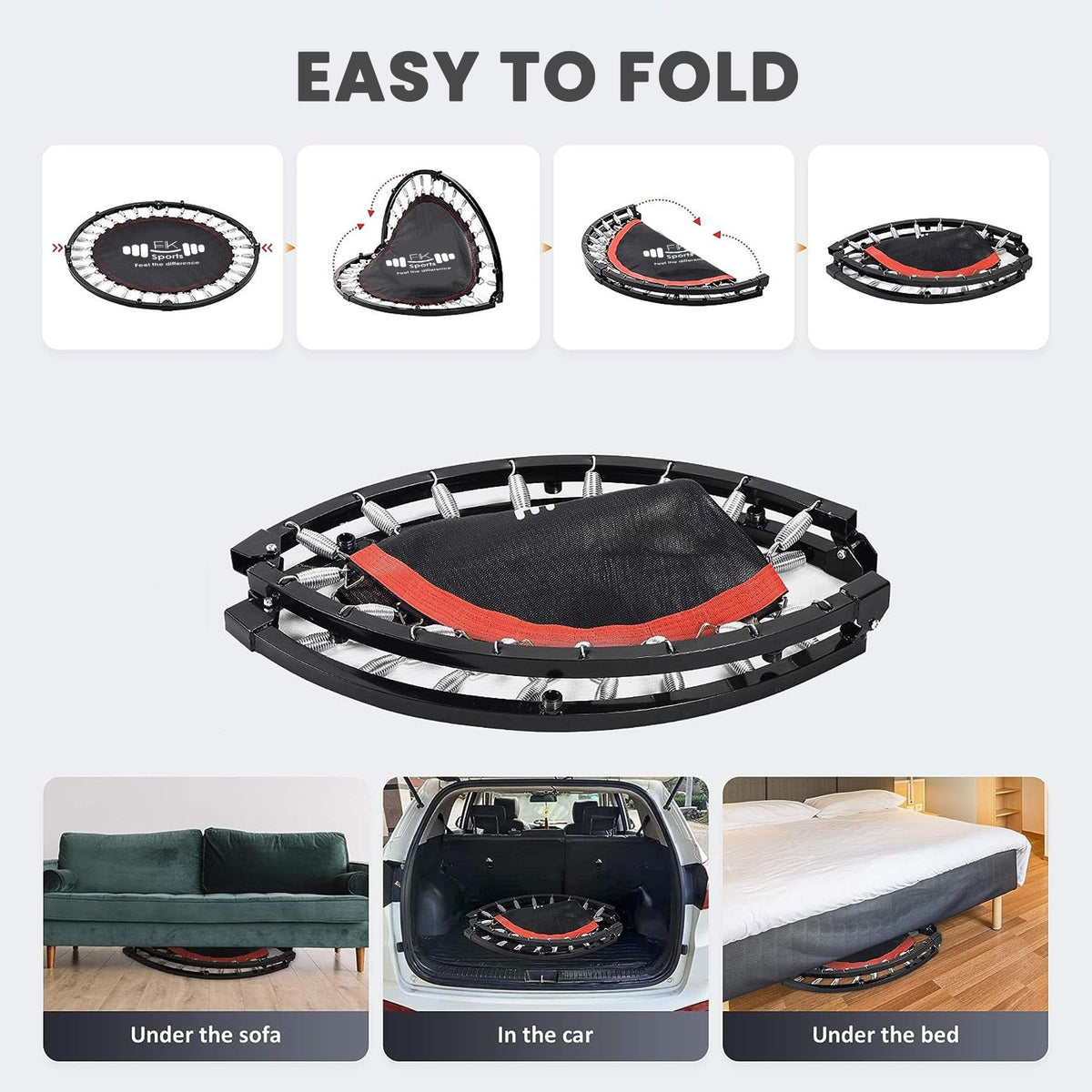 FK Sports Foldable Fitness Rebounder Trampolines, 48" Foldable Mini Trampoline with T Bar Handle, Round Mini Fitness Trampoline a indoor trampoline