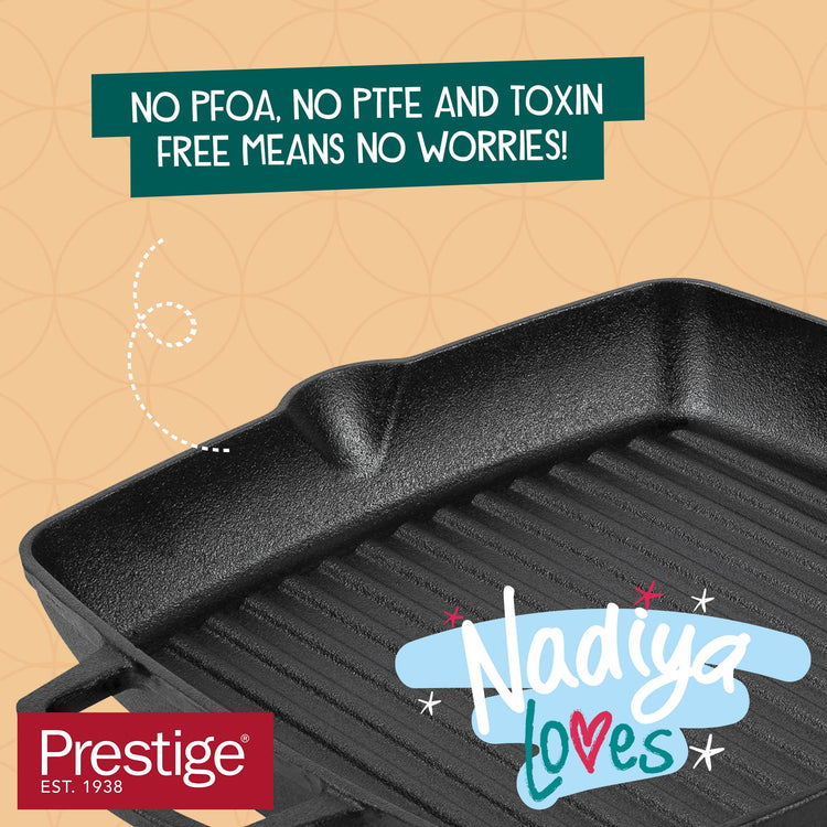 Prestige x Nadiya Cast Iron Griddle Pan - Pre Seasoned Square Cast Iron Pan 25cm, Induction suitable, BBQ & Oven Safe, Toxin Free Cast Iron Skillet