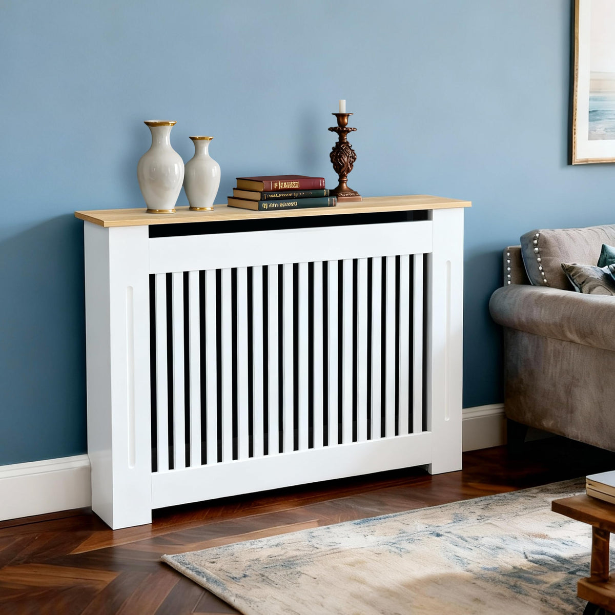 Tall Radiator Cover Painted Radiator Covers, 92cm External Height Medium Heater Covers with Wood Texture Nature Top, Inner 90cm Vertical Slats - White