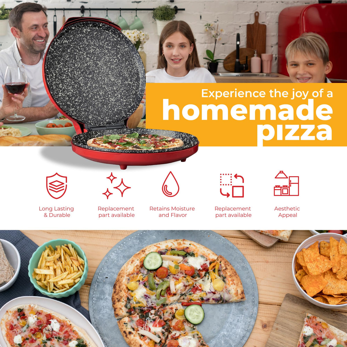 MisterChef Pizza Maker 1450W Ceramic Plates, 12 Inch / 30cm, 2,3 Metal, Free Recipe Book, Red