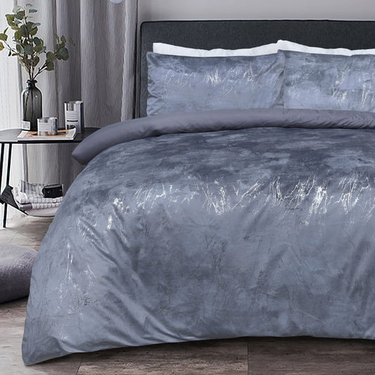 Sleepdown Marble Velvet Metallic Grey Plain Reverse Duvet Cover Quilt Pillow Cases Bedding Set Soft Easy Care - Super King 220cm x 260cm