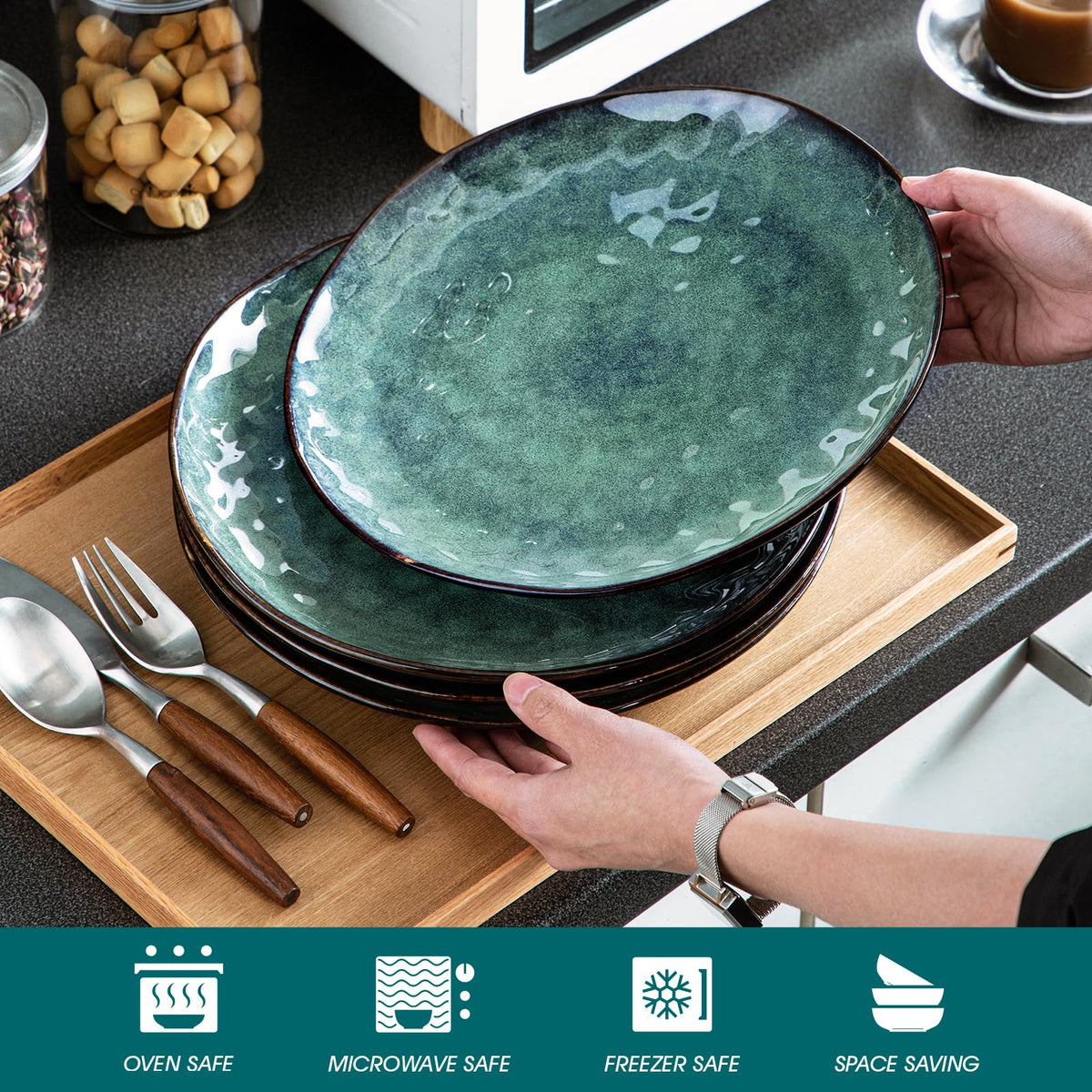 vancasso Dinner Plates Set, 10.5 Inch Scratch-Resistant Ceramic Plate, Microwave, Oven and Dishwasher Safe Dinner Plates Set of 4, Reactive Glaze and