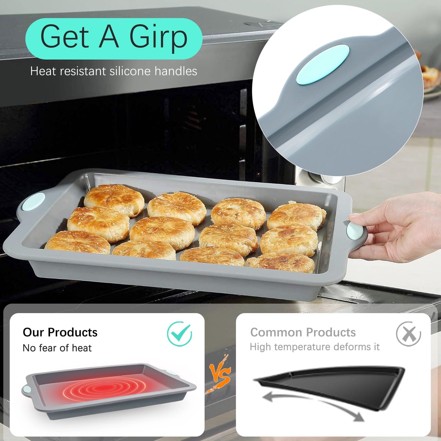 To encounter Silicone Baking Pans Set, 4 Pieces Nonstick Bakeware Set with Baking Pans, Baking Sheets, Cookie Sheets, Cake Pan with Metal Reinforced