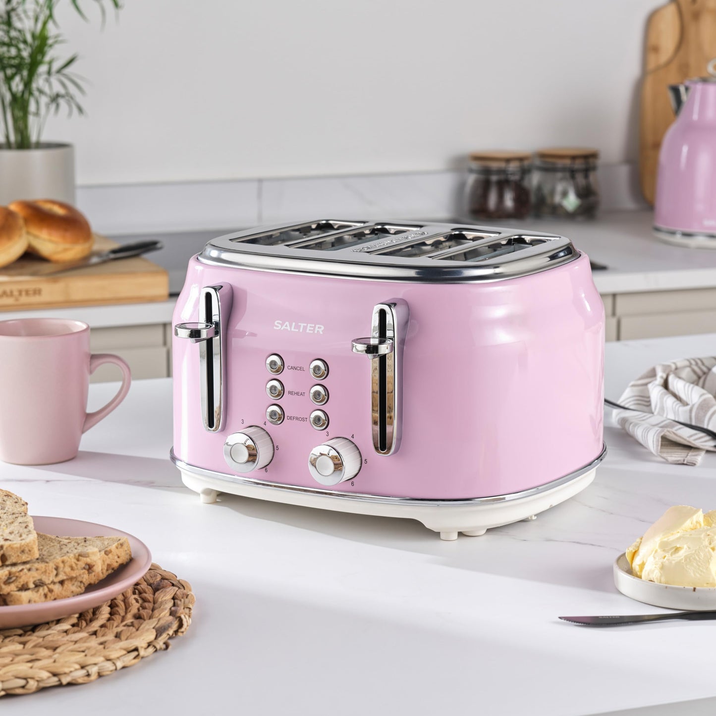 Salter Retro Pink Kettle & Toaster Set  1.7L Fast Boil Kettle with Removable Limescale Filter, 4-Slice Wide Slot Toaster for Thick Bread/Bagels, Blue