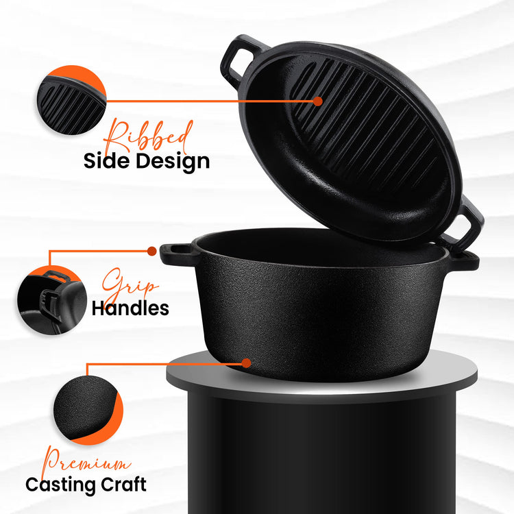 KICHLY 4.7L/5.0 Quart Pre Seasoned Cast Iron Pan, Dutch Oven with Lid, Dual Function Griddle Pan, 10.6 Inch (27 cm), Casted Pot with lid, Casserole