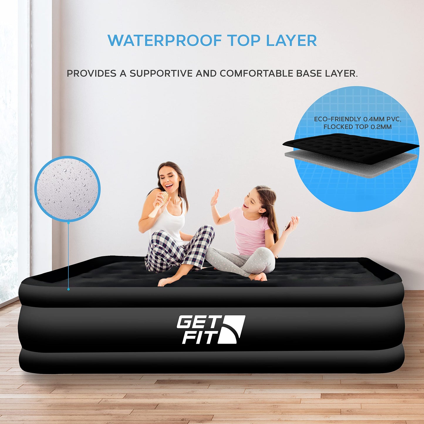 Get Fit Air Bed with Built In Electric Pump - Premium King Size - Blow Up Bed with 2 x Free Pillows - Elevated Inflatable Air Mattress for Outdoor,