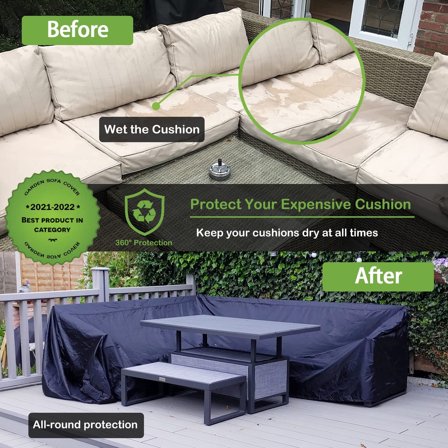 Enzeno Garden V-Shape Furniture Cover Waterproof, 420D Heavy Duty Oxford Fabric Outdoor Rattan Corner Sofa Cover with Waterproof Tape (286 * 286 *